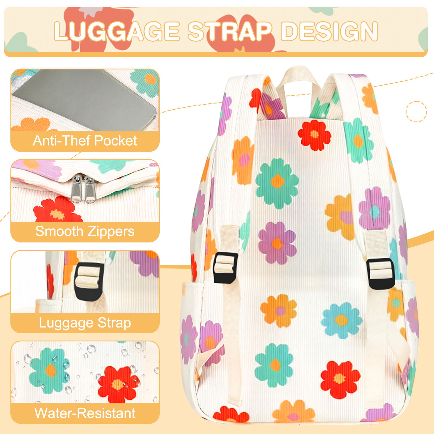Set de mochila 3 en 1 para niñas de 10+, ligera, con lonchera térmica y estuche, resistente, para adolescentes, para laptop de 15", floral 5