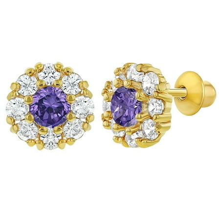 earrings 18k 6mm screw plated crystal purple yellow flower gold baby