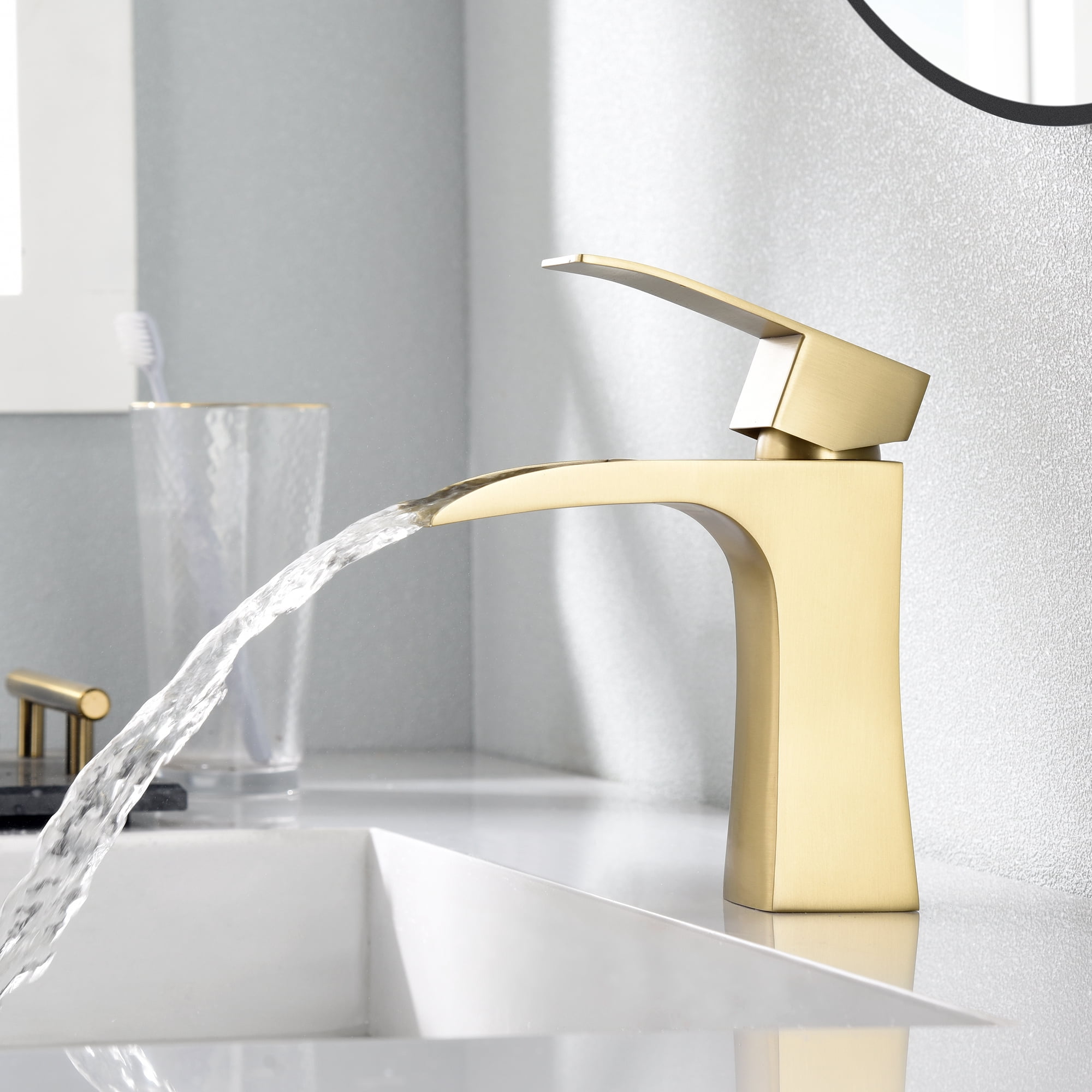 SUMERAIN Waterfall Bathroom Sink Faucet Brushed Gold Single Handle Single Hole Bathroom Vanity Faucet Stainless Steel