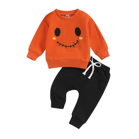 

2Pcs Baby Boy Girl Halloween Outfits Smiley Face Print Long Sleeve Sweatshirt + Sweatpants Toddler Fall Tracksuit