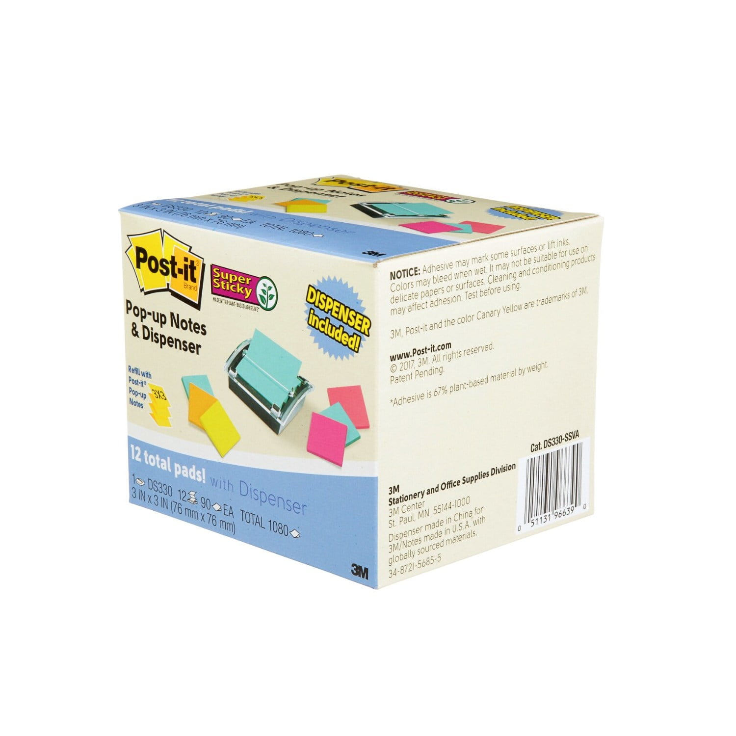 Post-it Super Sticky Dispenser & Pop-up Notes, 3 in x 3 in, Assorted Colors, 12 Pads