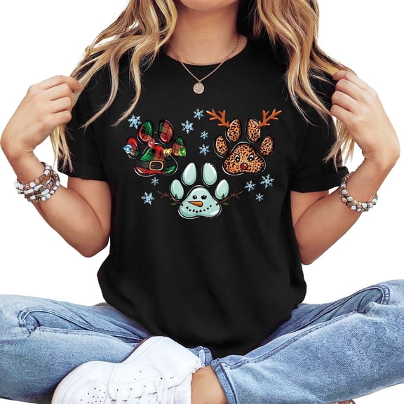 Women's Long Sleeve Crew Neck Christmas Paw Print Graphic T-Shirt - Festive Holiday Casual Tee