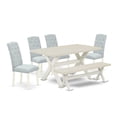 thumbnail image 2 of East West Furniture 6-Piece -Baby Blue Linen Fabric Seat and Button Tufted Chair Back Kitchen chairs, A Rectangular Bench and Rectangular Top Modern Dining Table with Hardwood Legs - Linen White..., 2 of 6