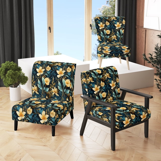 Designart "Twilight Serenity In The Tropics I" Gold Tropical Upholstered Accent Chair - Tropical Arm Chair For Bedroom