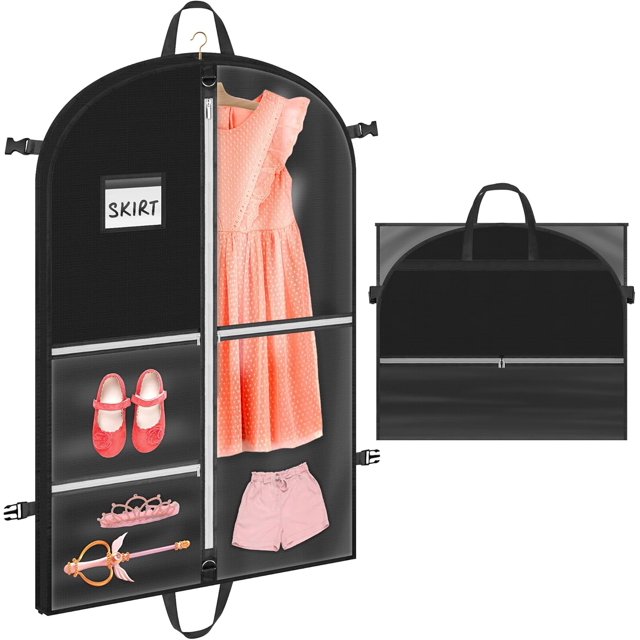 TranRantic 43 Inch Dance Garment Bag, Waterproof Travel Garment Bag with 4 Clear Zipper Pockets (3 Front + 1 Back) | Foldable Design for Suits & Performance Outfits (Black)