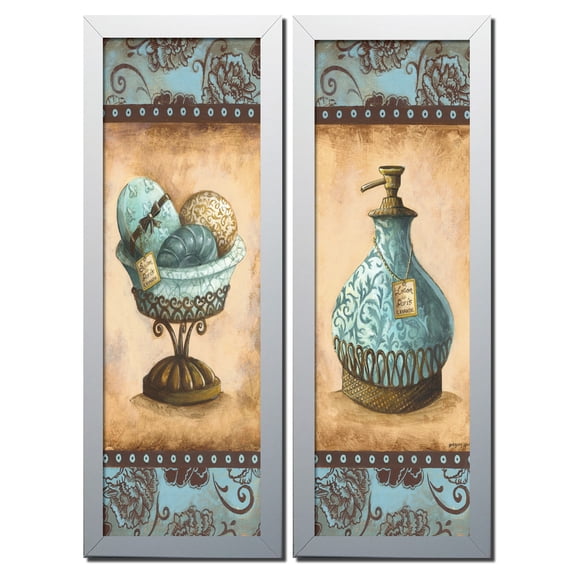 2 Blue French Lotion and Savon Panels; Two white framed 6x18in Prints; Ready to hang! Teal/Brown