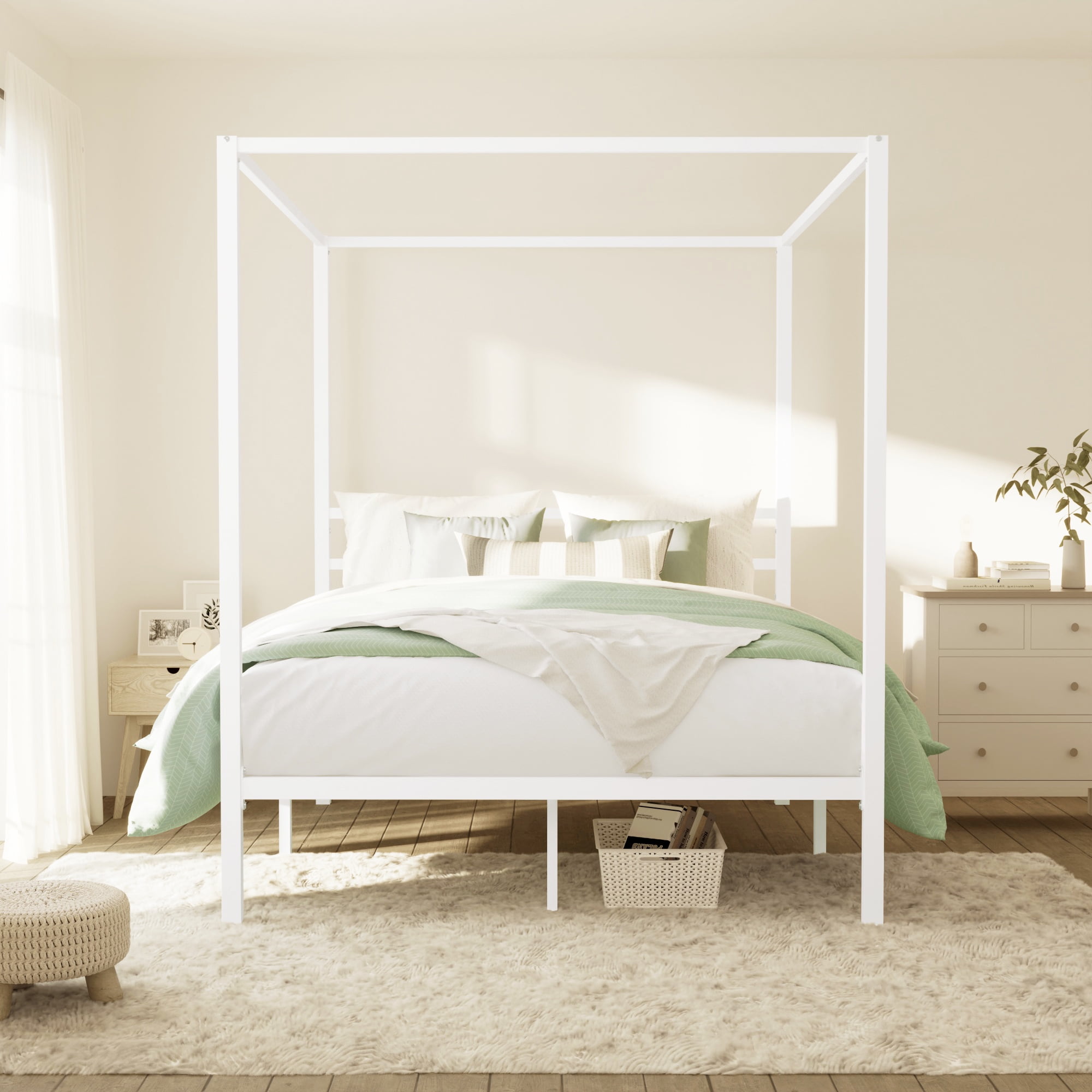 Merrland Full Size Bed Frame, Canopy Platform Bed with Metal Headboard, No Box Spring Needed, White