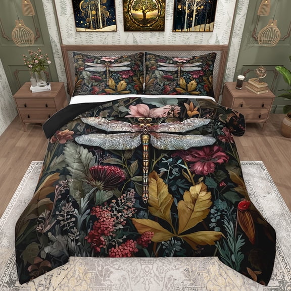 Feelyou Jungle Dragonfly Child Bedding Comforter Set, Rustic Leaf Plant Twin Comforter Sets, Bohemian Rustic Theme Reversible Bedding Set, Ultra Soft Bedroom Decor, 2 Pieces