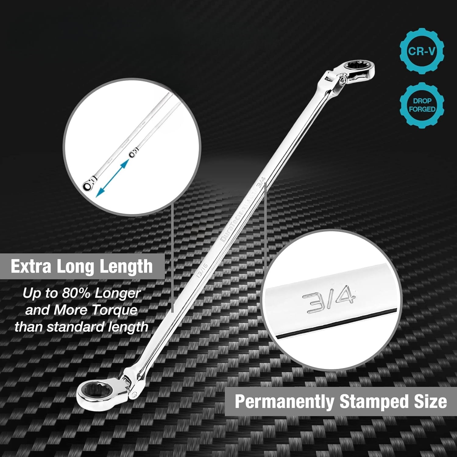 Extra Long Flex-Head Ratcheting Wrench Set, Double Box End Wrench Set, 5-Piece, SAE, 5/16" to 13/16", CR-V Steel, with EVA Foam Tool Organizer