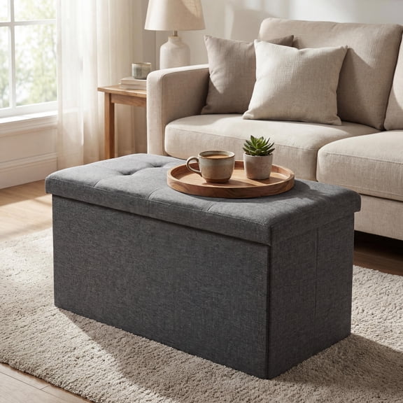 FurnitureR 30 inch Folding Storage Ottoman Bench, Faux Linen Tufted Foot Rest with Divider, Grey