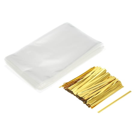 Uxcell Clear Plastic Bags for Candy 6 x4 with 3 Foil Twist Ties Gold Tone 200 Set