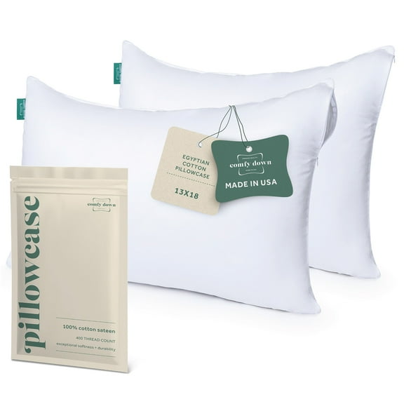 ComfyDown Pillowcase for Toddler & Travel Pillows - 2 Pack - Breathable, 100% Cotton, 400-Thread Count, Zipper Closure - Made in USA - 13"x18"
