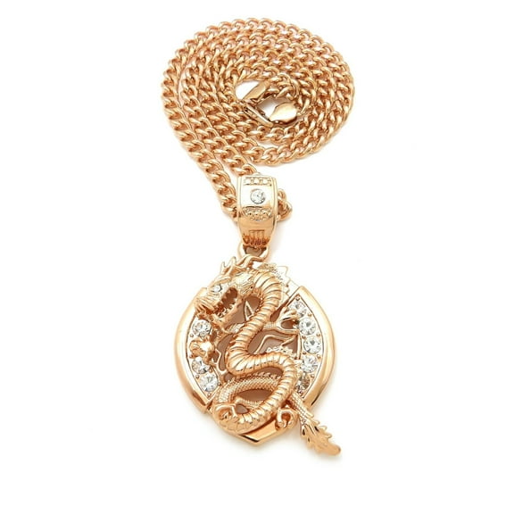 Rose Gold Plated Dragon Pendant & 6mm 30" Cuban Chain Hip Hop Necklace