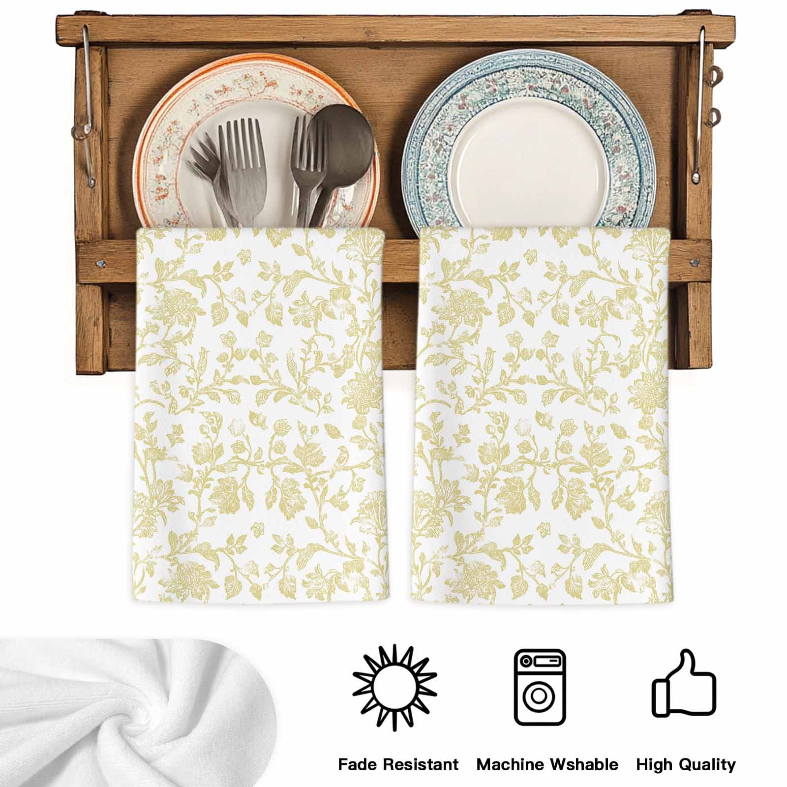 Dish Towels, Yellow Pastoral Flower Absorbent Kitchen Towels 2 PCS, Farmhouse Floral Microfiber Hand Towels Dish Cloths Tea Towels for Home&nbsp;Bathroom Cleaning Drying,18X28-Inch,