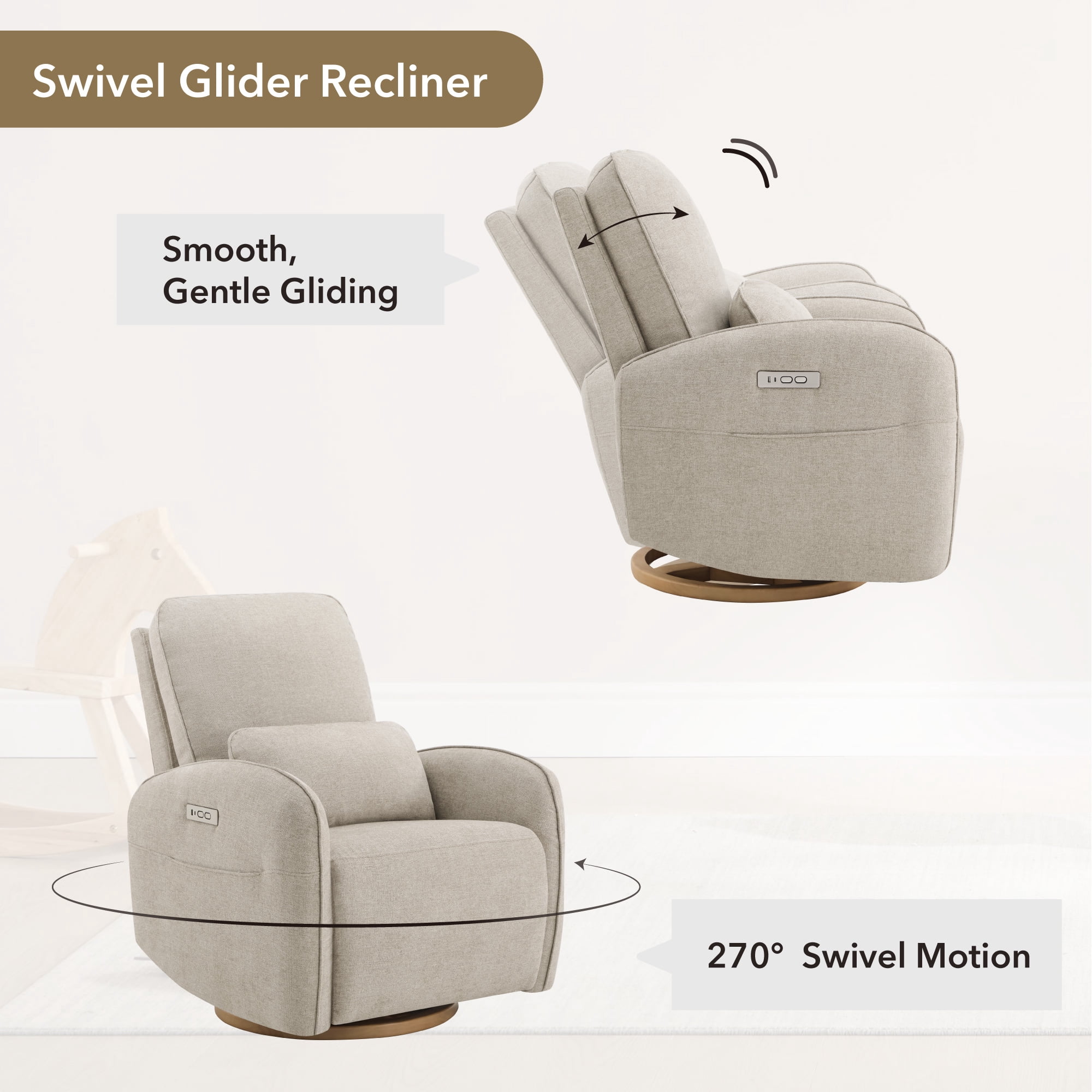 Spruce & Spring Power Swivel Nursery Glider Recliners with Lumbar Pillow and Charging Port, Khaki
