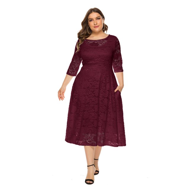 Vestido de Fiesta de Dama de Honor con Manga de Encaje Floral Vintage para Mujer,Rojo,XXL