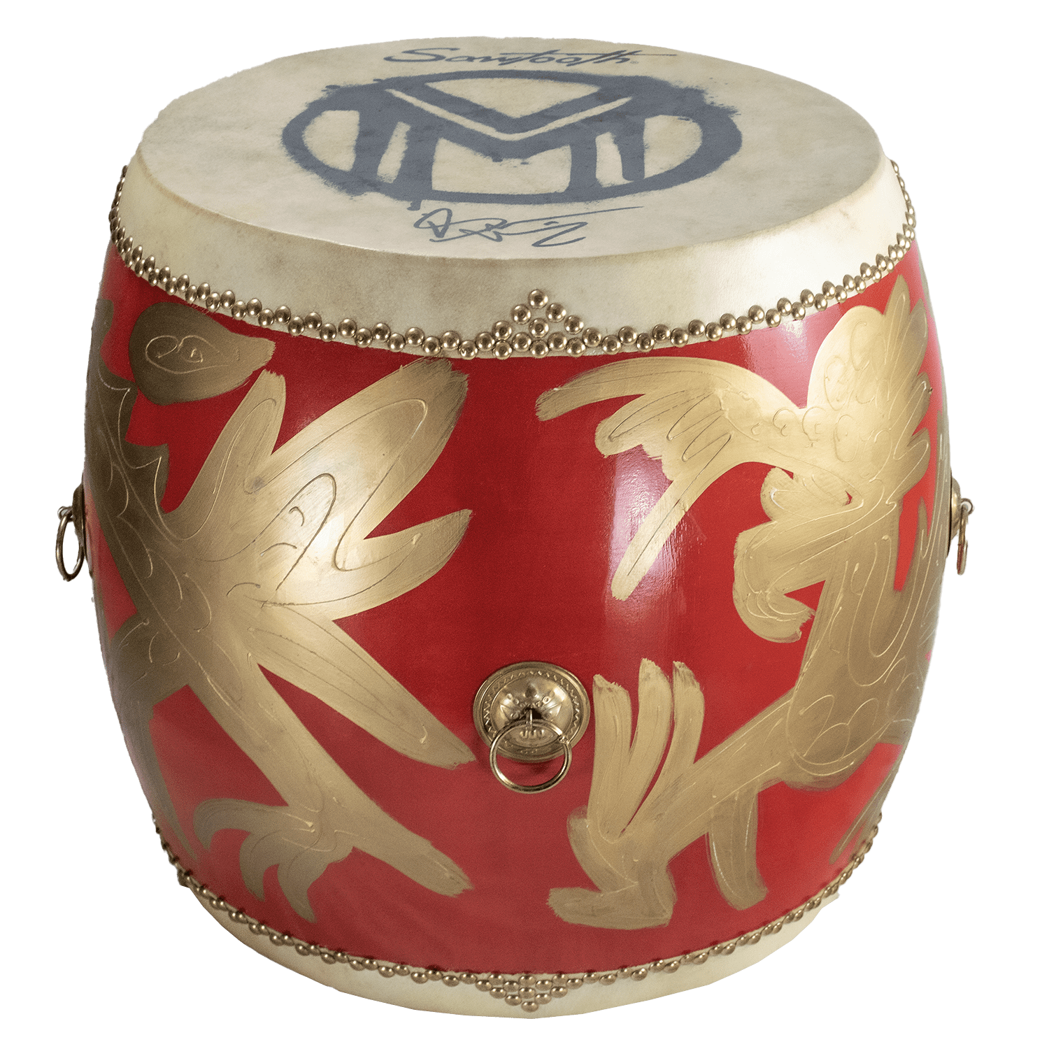 Sawtooth Bruce Dickinson Signature Hand-Painted Golden Dragon Taiko Drum – 24” x 26” Birch Wood with Cowhide Heads, Gold Suspension Rings & Foldable Wooden Riser