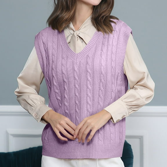 Zedker Women's Vintage Loose V Neck Sleeveless Cable Knit Style Pullover Sweater Vests,Plus Size Purple XXL
