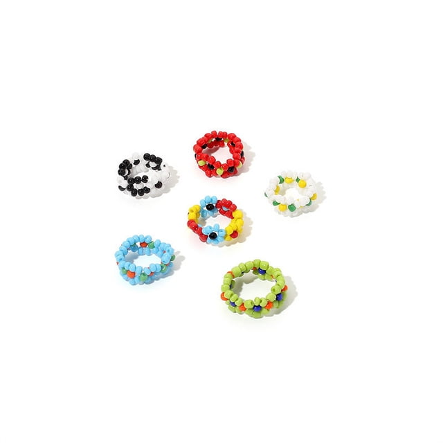 5 Pcs Daisy Flower Bead Rings Set, Cute Handmade Flower Beaded Rings, Fashion Vsco Boho Beach Rings, Colorful Jewelry Rings with 7 Flowers Indie Kidcore Aesthetic for Teens Baby Girls