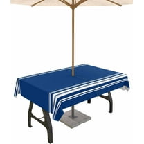 Outdoor Tablecloth with Umbrella Hole & Zipper, Blue Striped Rectangle Tablecloth 60x84 Inch, Farmhouse Blue White Stripes Patio Table Cover Waterproof Table Cloth for Picnic/Party