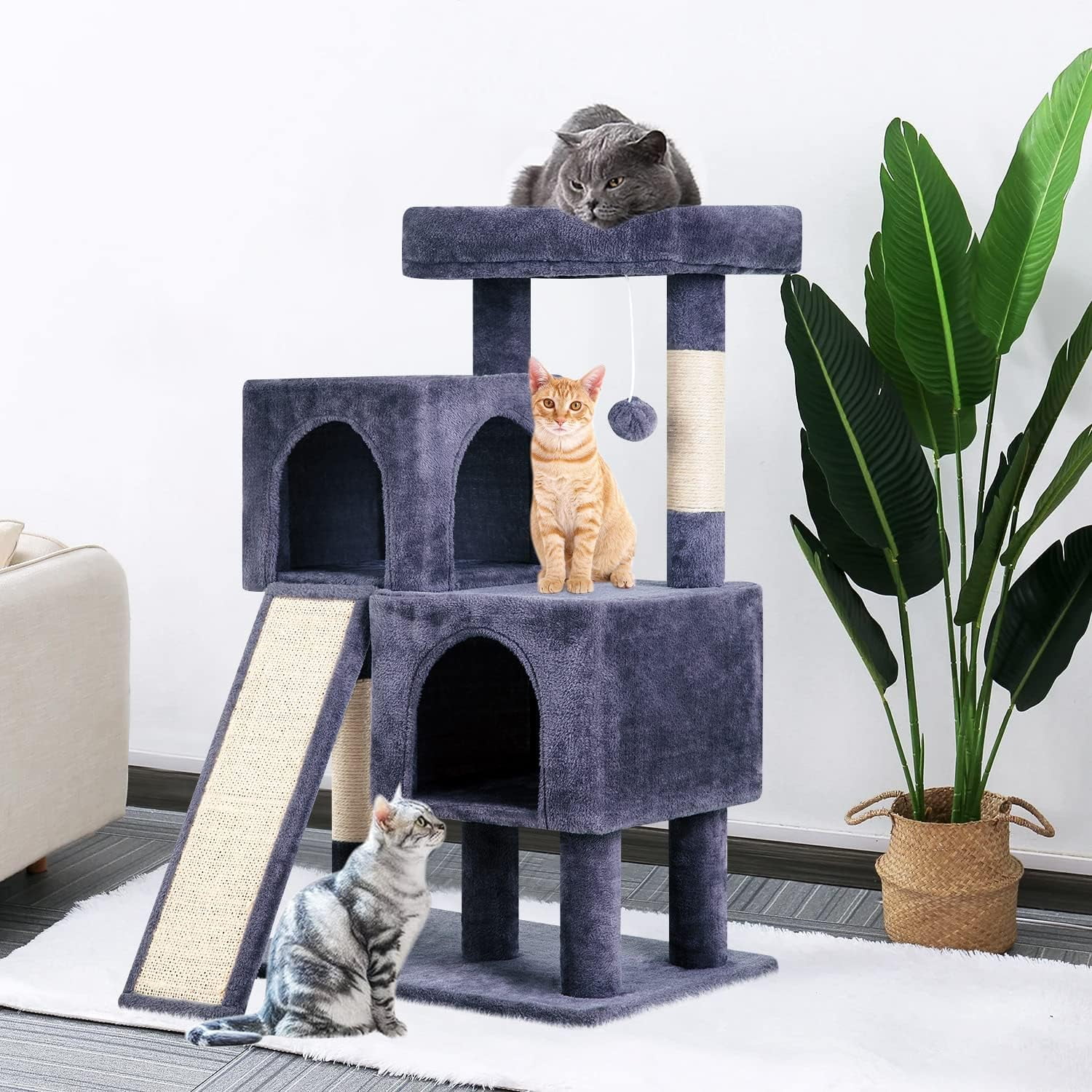 Dkelincs 36 inch Cat Tree Tower with Scratching Post & Dual Condos, Multi-Level Cat Furniture Condo Kittens House with Ramp, Perch & Hanging Ball, Dark Gray