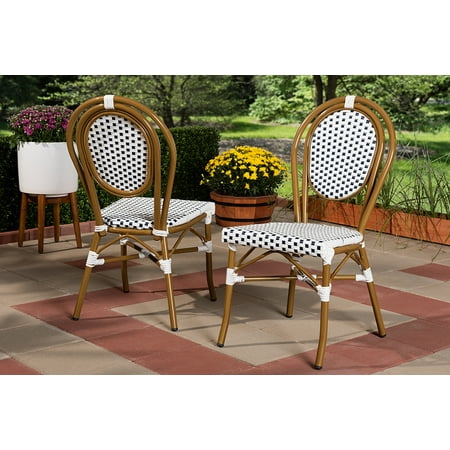 French Style Metal Outdoor Furniture Set of 2 Baxton Studio Gauthier Classic French Indoor and Outdoor Navy and White Bamboo Style Bistro Stackable Dining Chair Set ()