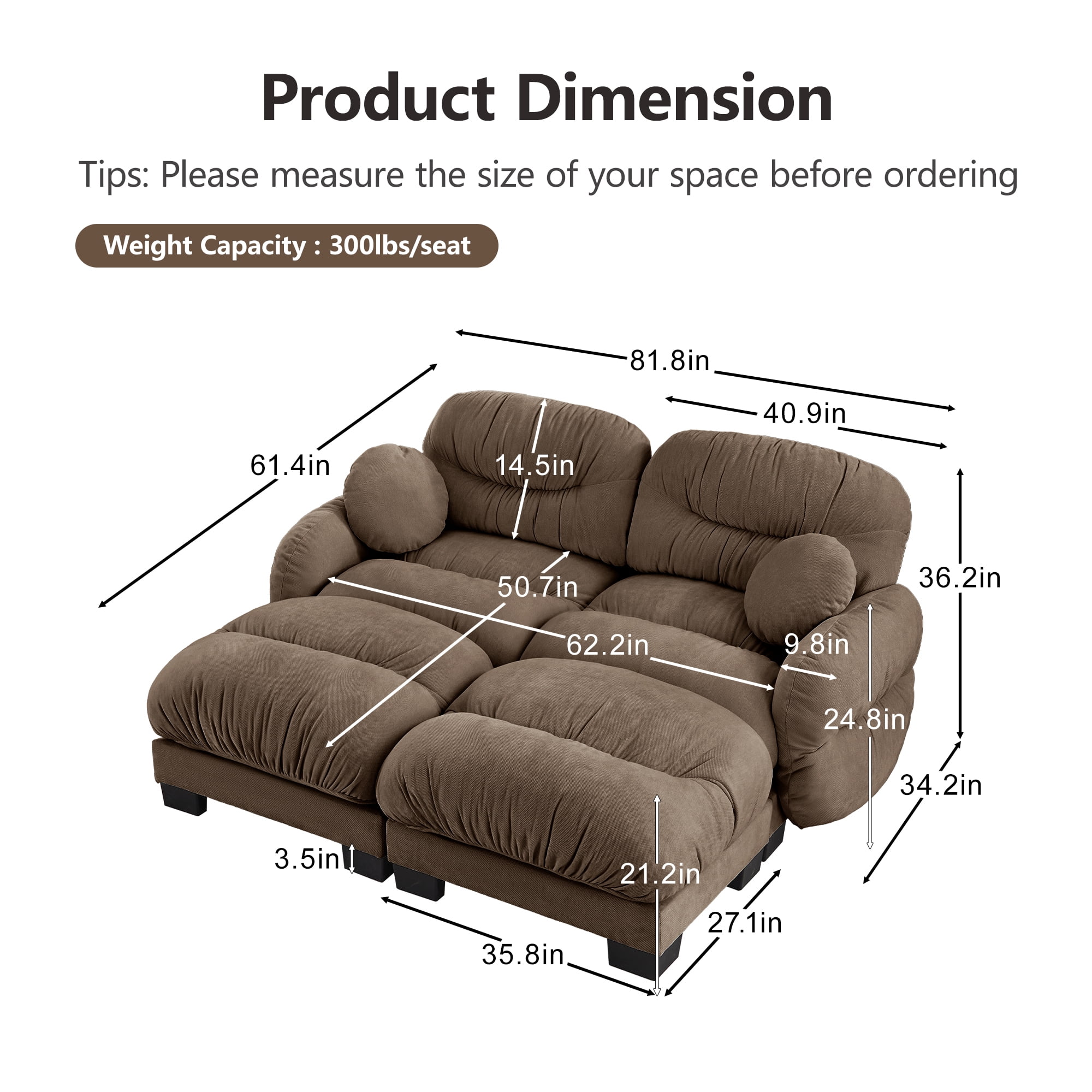 81" 2 Seater Sectional Couch Cozy Chenille Modular Sofa with 2 Ottoman and 2 Throw Pillows