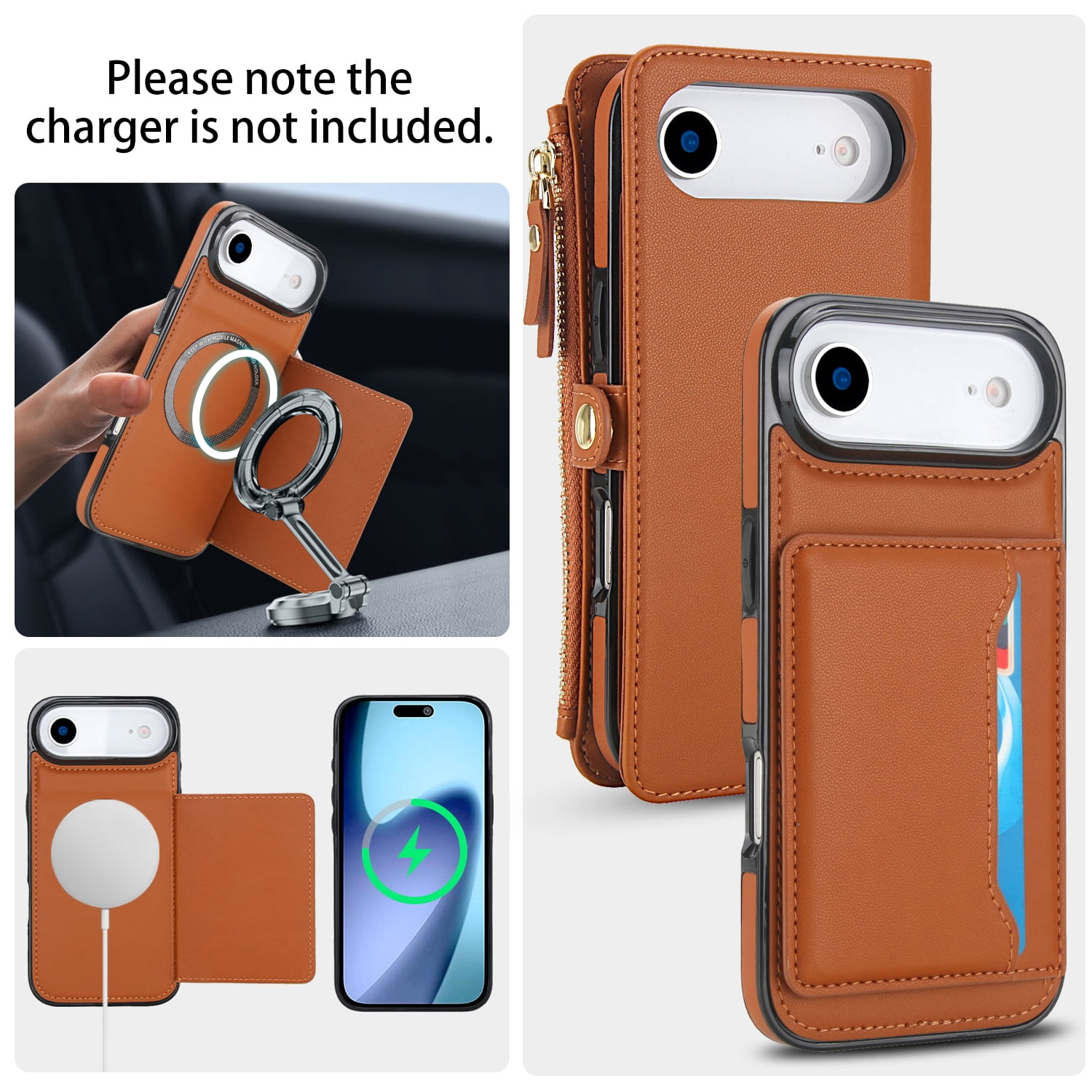 Designed for iPhone 17 Air Multi-Function Wallet Phone Case,With Shoulder Strap&Wrist Strap,Cash Pocket&Card Slots,Zipper Purse,Magnetic Detachable PU Leather Flip Phone Case,Brown