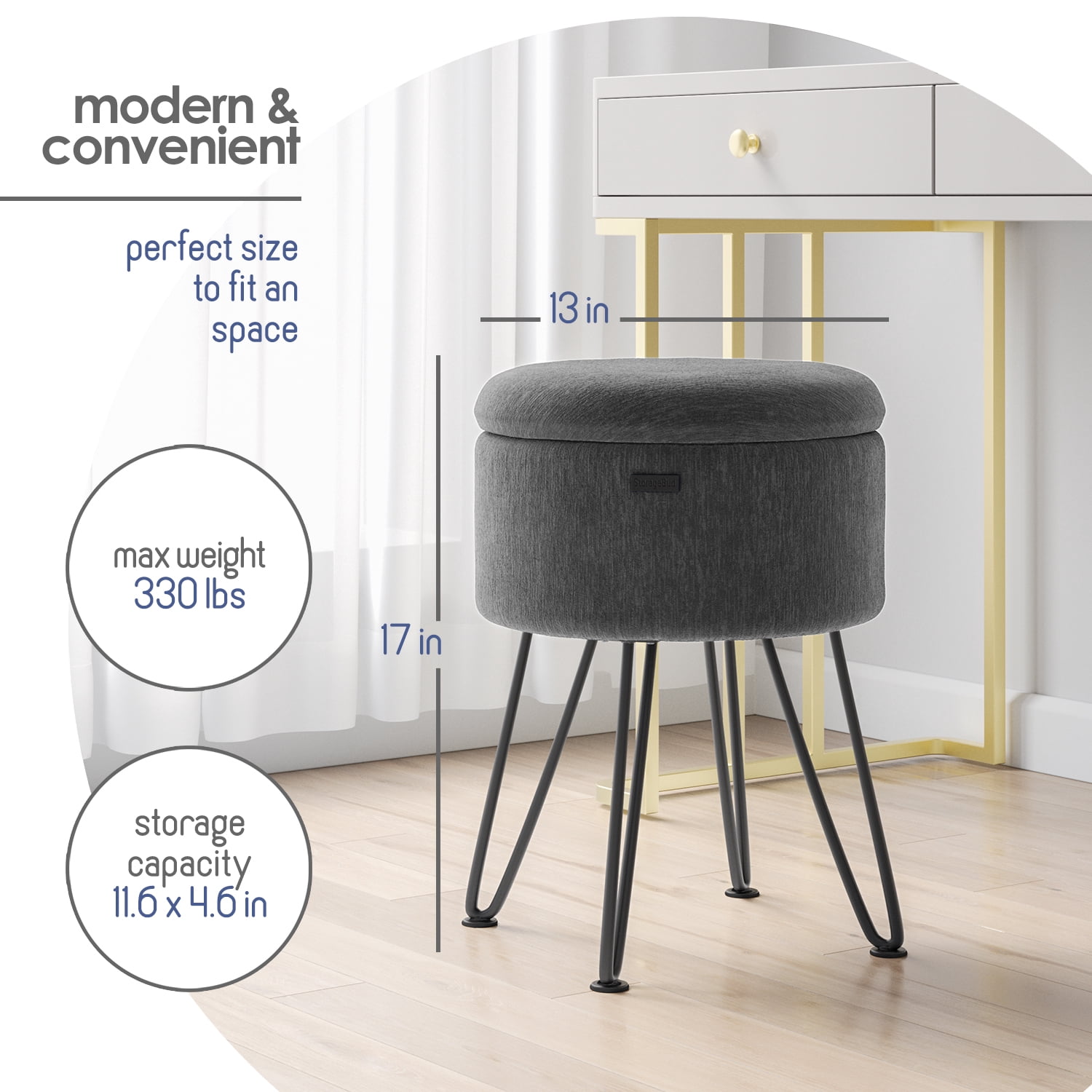 LammaLoe Small Round Ottoman with Storage, Textured Velvet Ottoman Foot Stool with Lid, Upholstered Vanity Stool for Living Room & Bedroom, Green