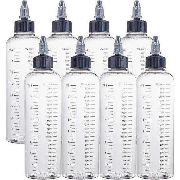 8 Pack 8oz Large Transparent Plastic Dispensing Bottle with Twist Cap and Graduated Measurement for Liquids Inks Oils Arts