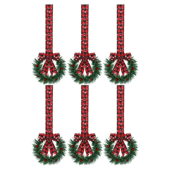 12 Pcs Christmas Kitchen Cabinet Wreaths With Ribbon, 4 Inch Christmas Wreath Small Kitchen Xmas Decor For Window Door, Snowflake Plaid Stylish Style, Mini Wreaths For Cabinet