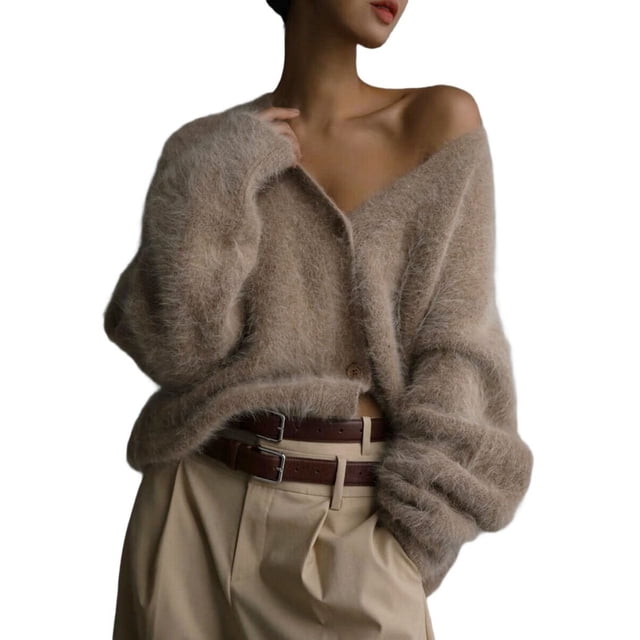 Cárdigan de Mujer, Suéter de Larga, Cárdigan con Botones y Cuello en V, Prenda de Punto de Moda. Caqui M