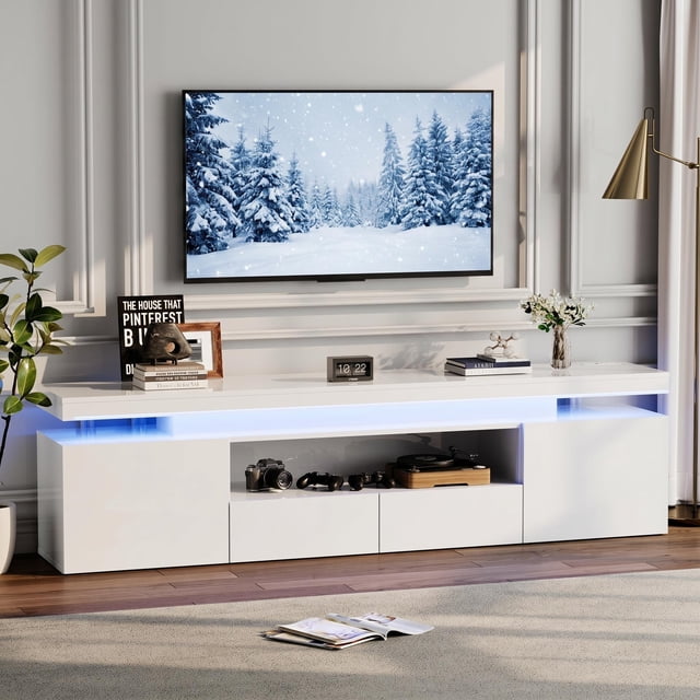 Meuble TV à DEL pour Télé de 75/80/85 Po, Grande Console Multimédia de 74 Po Moderne à Fini Très Lustré avec Prises de Courant, Lumières DEL RVB et Étagères de Rangement en Verre pour Salon