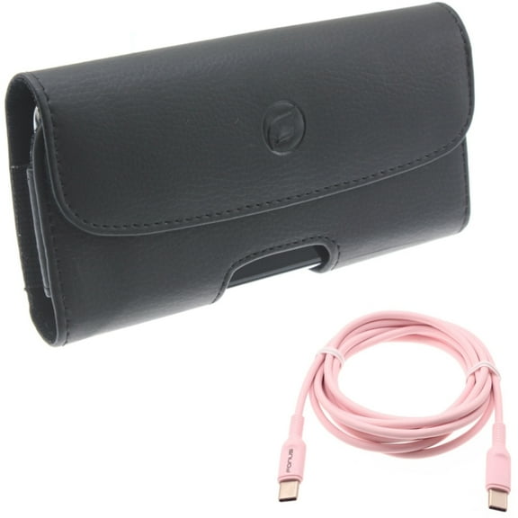 For Google Pixel 6a - Pink 6ft Long Cable w Case Belt Clip, USB-C to Type-C PD Fast Charger Cord, Leather Holster Cover for Google Pixel 6a Phones