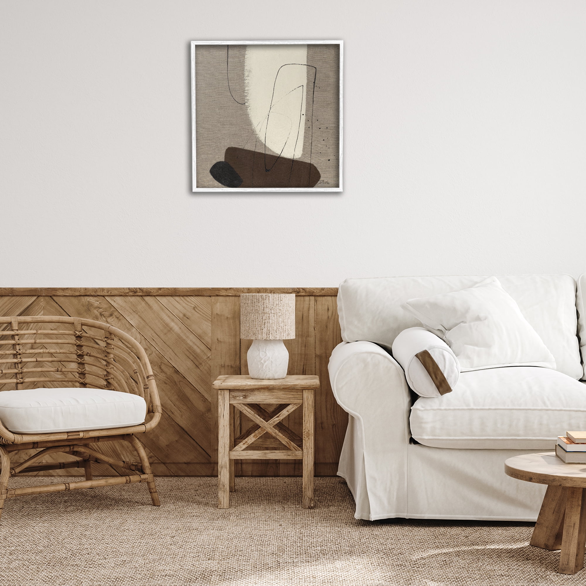 Stupell Industries Natural Oblong Shapes Abstract Painting White Framed Art Print Wall Art, 24 x 24