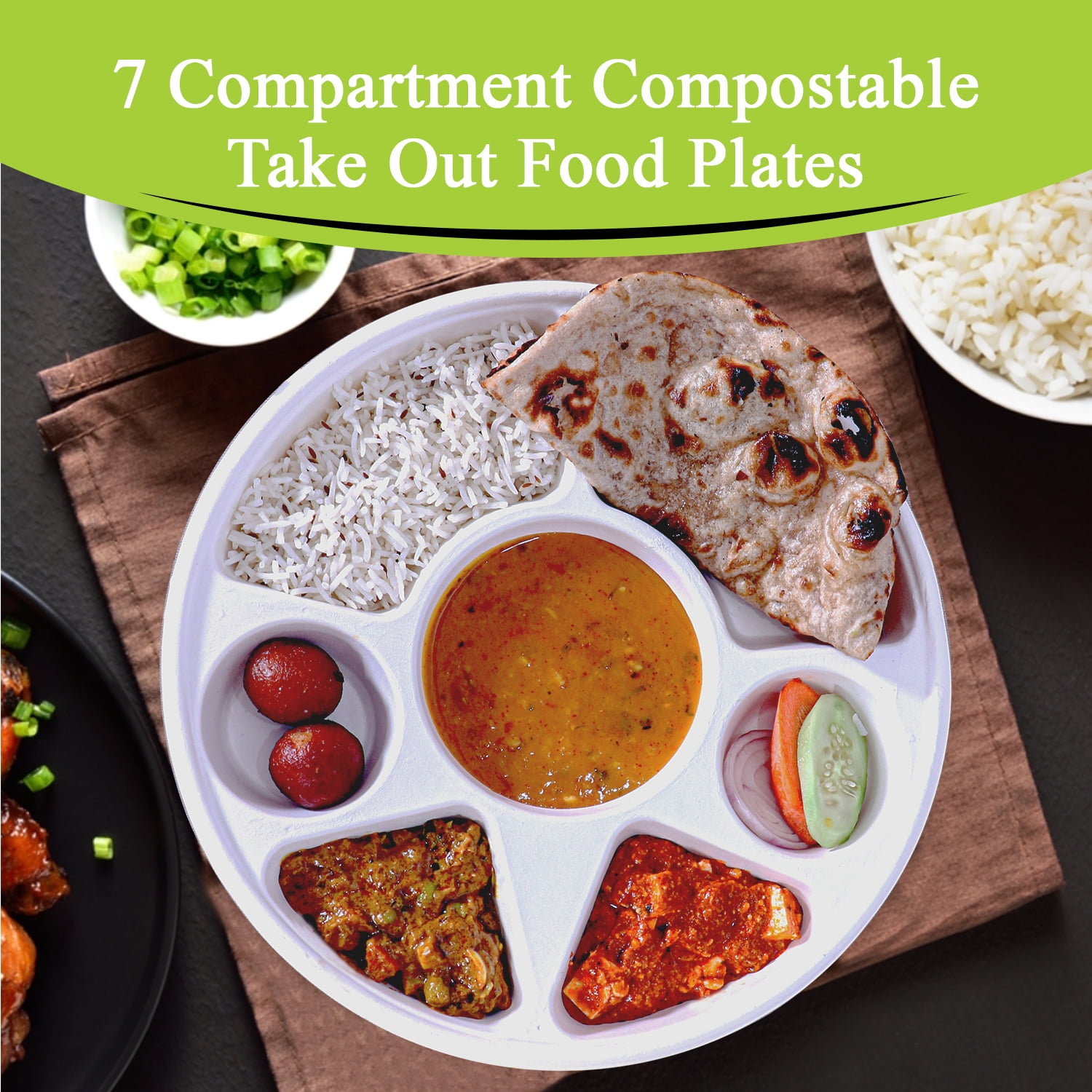 Three Leaf 7 Compartment Bagasse Round Plate, 200 ct, White, Eco-Friendly Disposable