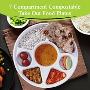 Three Leaf 7-Compartment Bagasse Round Disposable Plates, 50 Ct, Biodegradable Sugarcane Plates for Parties & Events