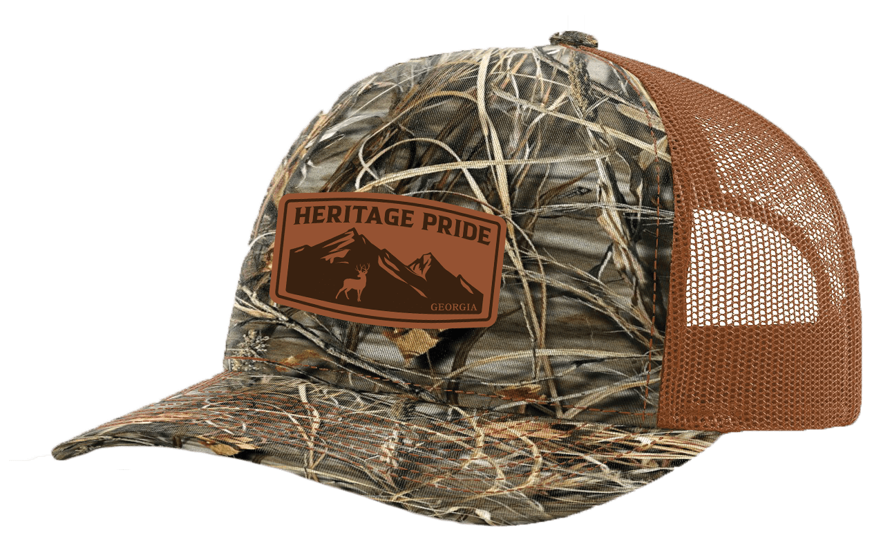 Heritage Pride Laser Engraved Leather Patch Mountain Range Mesh Back Trucker Hat - Bild 1 von 6