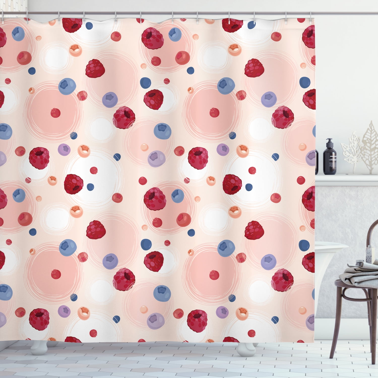 Peach Shower Curtain, Raspberries Blueberries Cranberries Food Themed