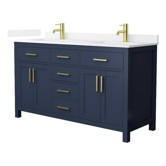 Beckett 60" Dark Blue Double Vanity & White Quartz Top (1-Hole) & Gold Trim