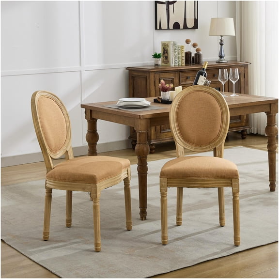French Country Dining Chairs Set of 2, Tan Linen Upholstered Side Chairs with Antique Finish Solid Wood Frame for Kitchen Dining Room