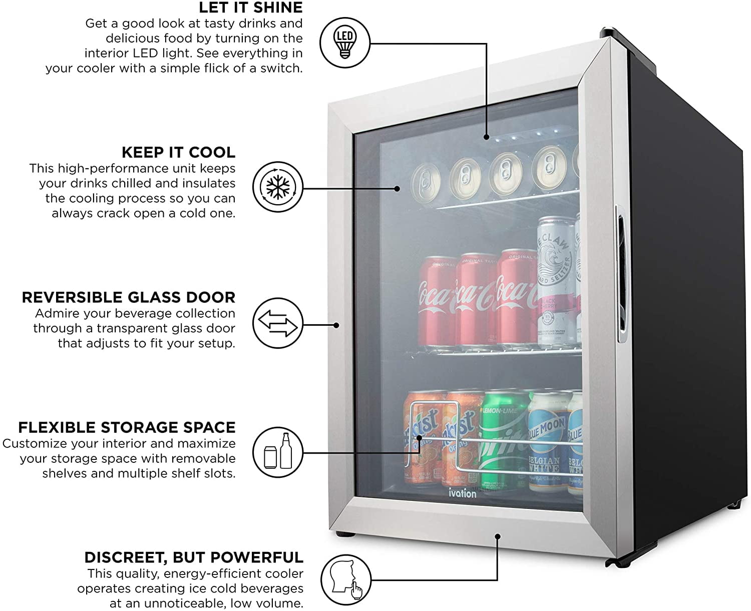Ivation 62 Can Beverage Refrigerator, Freestanding Mini Fridge with Glass Door - Stainless Steel