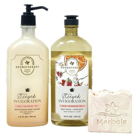 Bath & Body Works Aromatherapy Steeped Invigoration ROSE   TANGERINE   TEA Body Lotion and Body Wash   Foam Bath Set with a Himalayan Salts Springs Marbela Bar Soap - Full Size