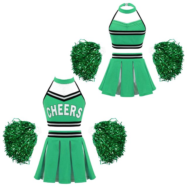 Costume de Cheerleader pour Filles Uniforme de Cheerleading Haut de Lycée avec Jupe Plissée Ensembles Tenues de Carnaval et Pompons