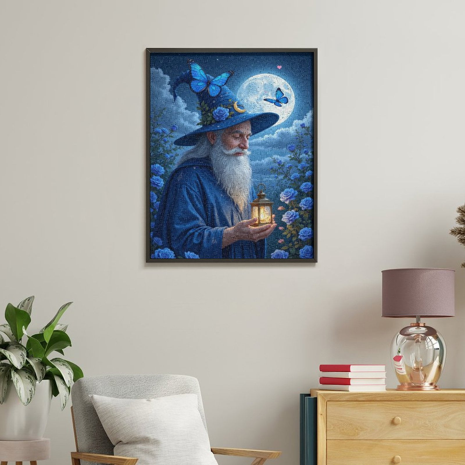 Paint By Numbers Kit for Adults Beginner - DIY Wizard Lantern Moonlight Blue Roses Canvas Painting Kits for Adults, Frameless Paint By Number for Adults for Home Wall Decor 16x20 Inch