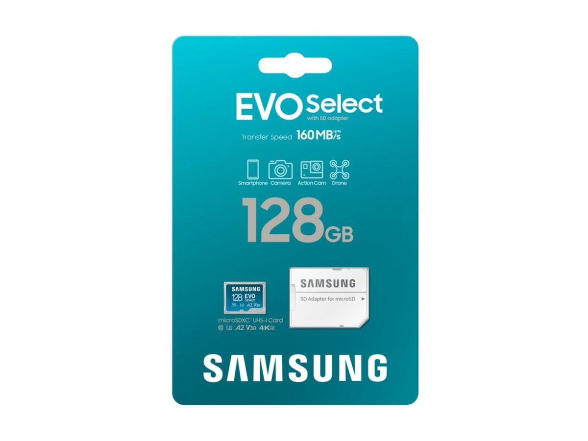 Samsung EVO Select MB-ME128SA - Flash memory card (microSDXC to SD adapter included) - 128 GB - A2 / Video Class V30 / UHS-I U3 / Class10 - microSDXC UHS-I