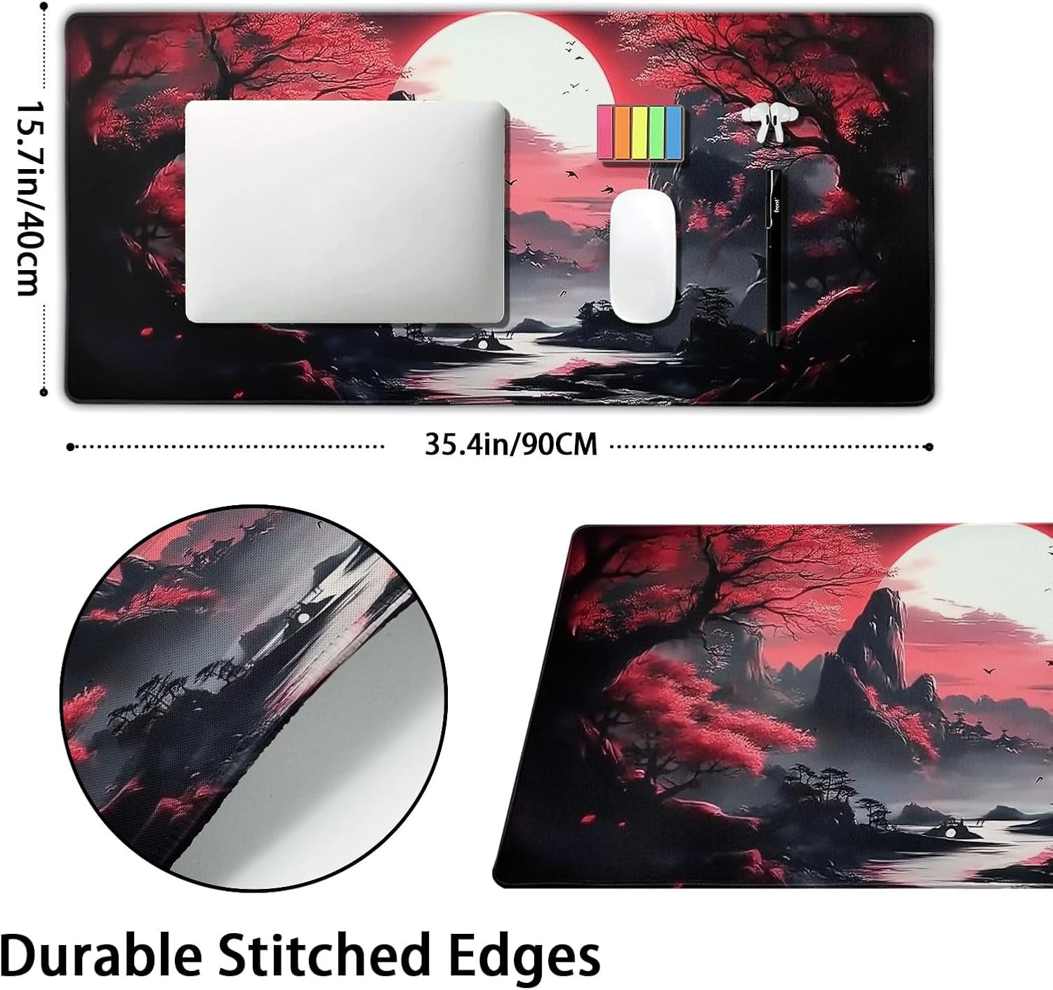 Black Red Japanese Gaming Mouse Pad XXL Moon Sakura Cherry Blossom Extended Big Large Desk Mat Non-Slip Rubber Base Stitched Edge Long Keyboard Mousepad for PC Computer Laptop,35.4×15.7 in