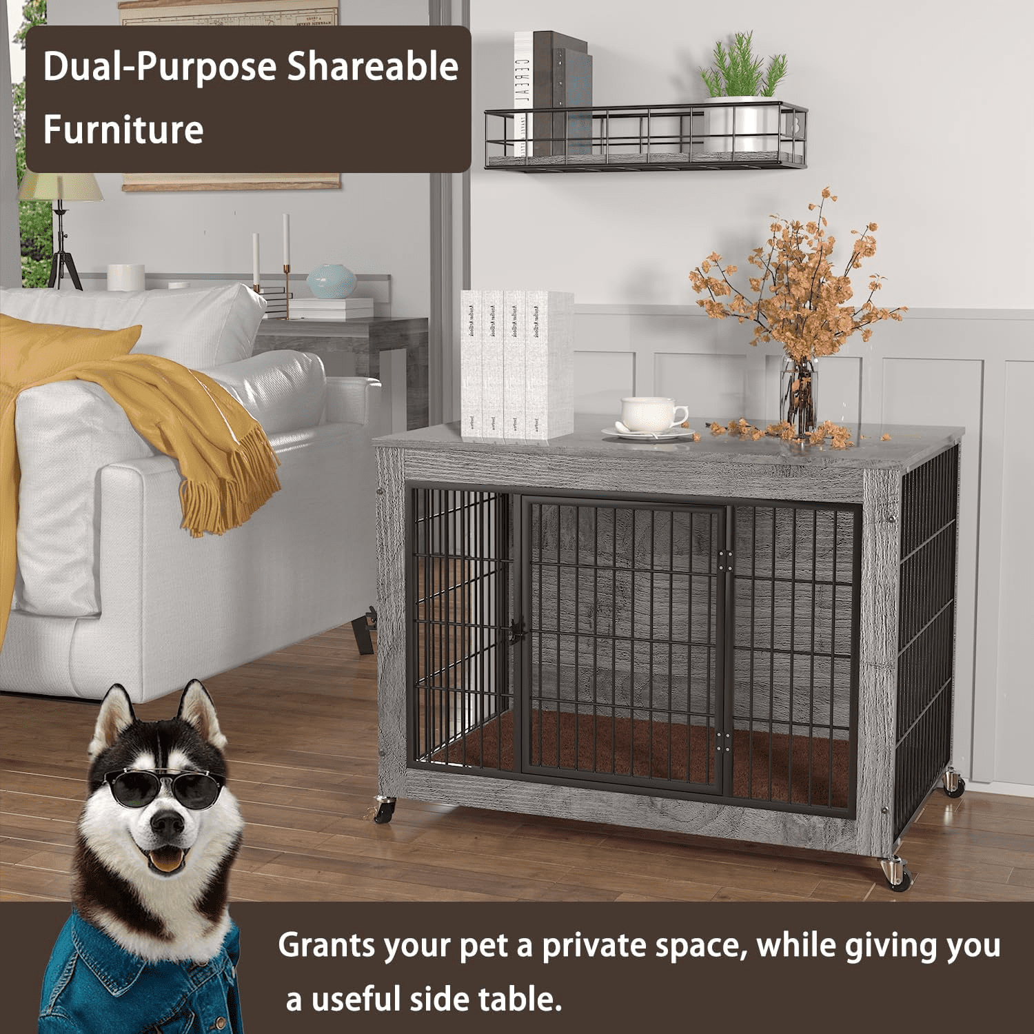 Waleaf Dog Crate Furniture with Cushion, Double Doors Wooden Dog Kennel Indoor with Wheels