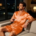 thumbnail image 4 of Havenx Men's 2 Piece Pajama Shorts Set Silk Satin Short Sleeve Button Up Top and Elastic Waist Drawstring Shorts with Pockets Set Lightweight Soft Summer Vacation Lounge Sleepwear,Saffron L, 4 of 5