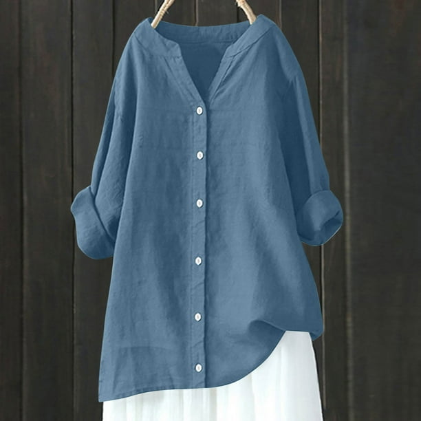 Blusas para mujer,Blusa tipo túnica de lino con cuello en V para mujer, manga larga, corte holgado, informal, de verano, suave tela de lino y algodón, sopatenor